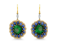 Load image into Gallery viewer, Kazanjian Carved Emerald &amp; Cabochon Sapphire Earrings in 18K Yellow Gold
