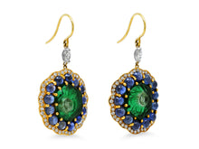 Load image into Gallery viewer, Kazanjian Carved Emerald &amp; Cabochon Sapphire Earrings in 18K Yellow Gold
