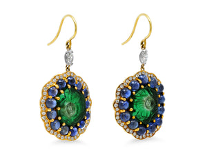 Kazanjian Carved Emerald & Cabochon Sapphire Earrings in 18K Yellow Gold